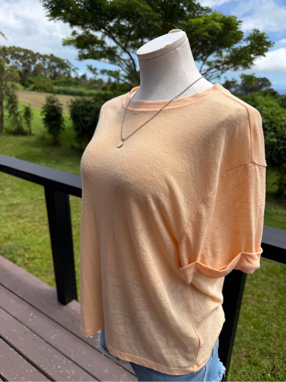 “A New Day” Peach Slub Knit Oversized T-Shirt Rolled Sleeve Relaxed Fit Large